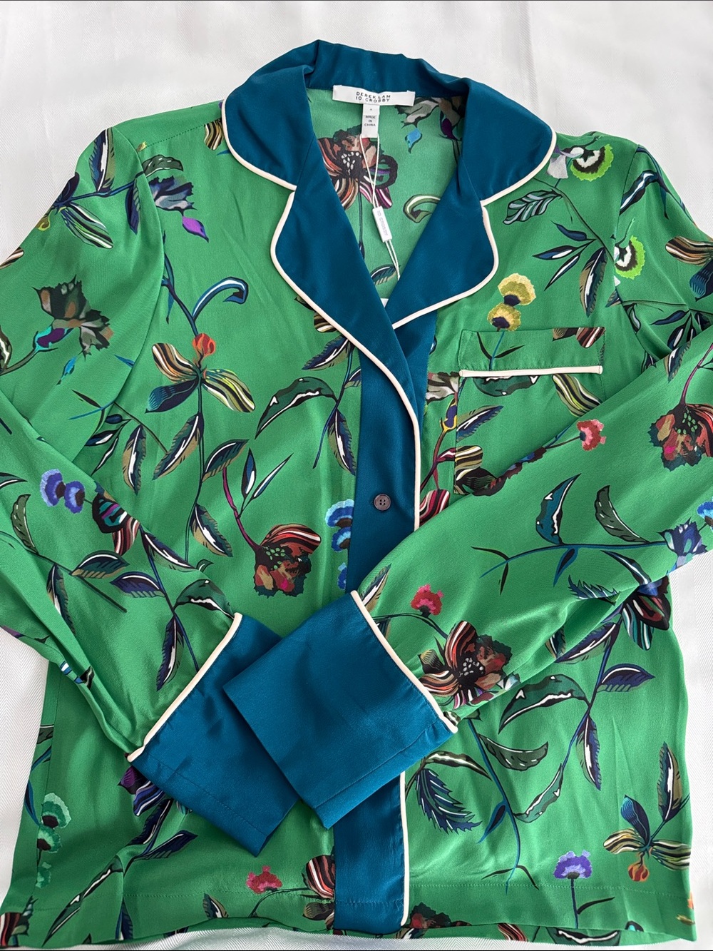 Derek Lam Green Floral Silk Button-Up Top with Teal Trim